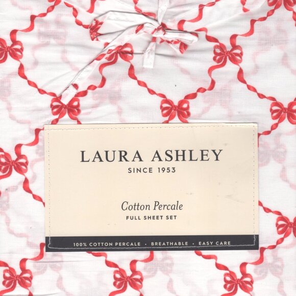 NEW Laura Ashley 4-pc Full Size Percale Cotton Sheet Set Red Bow Ribbon - Picture 1 of 3